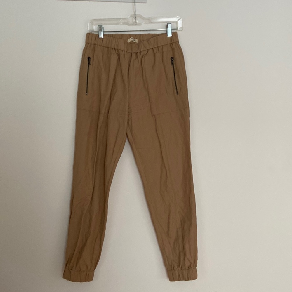 J Brand jogger-style tan pants with zip pockets